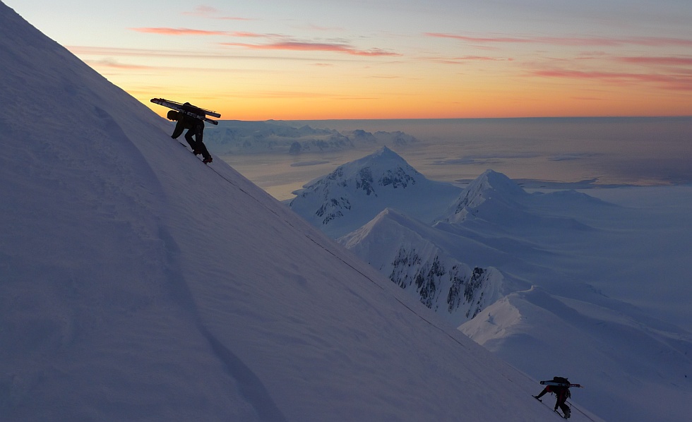 Ascending Mt Agamemnon at sunset, Anvers Island. Mt William and Lemaire Channel area behind, 130 kb